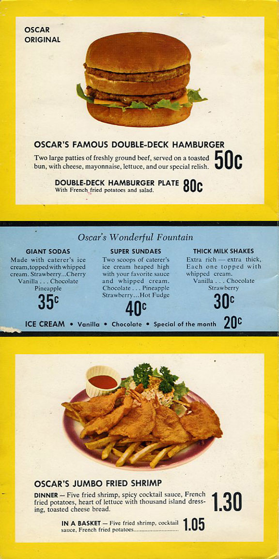 Oscar's DriveIn Menu circa 1963